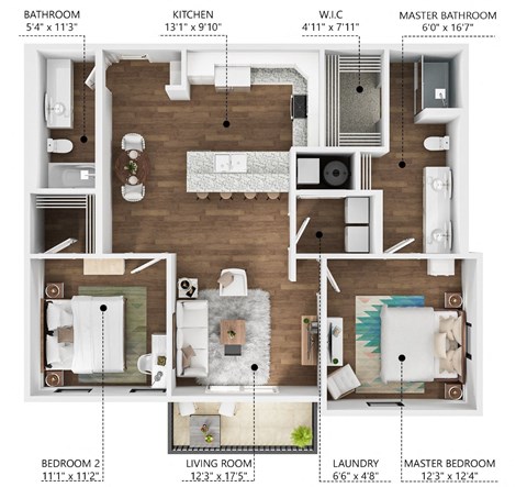 Floor plan for 2 beds, 2 baths, 1043 sqft